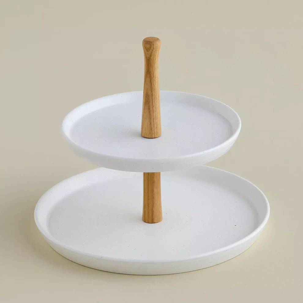 Modern Nordic 2-Tier Cupcake Stand – White Speckled Ceramic Plates with Natural Wood Handle