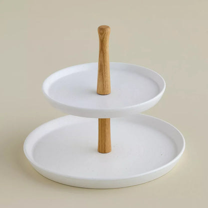 Modern Nordic 2-Tier Cupcake Stand – White Speckled Ceramic Plates with Natural Wood Handle
