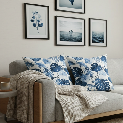 Gray sofa with blue leaf-patterned pillows and framed artwork on the wall.
