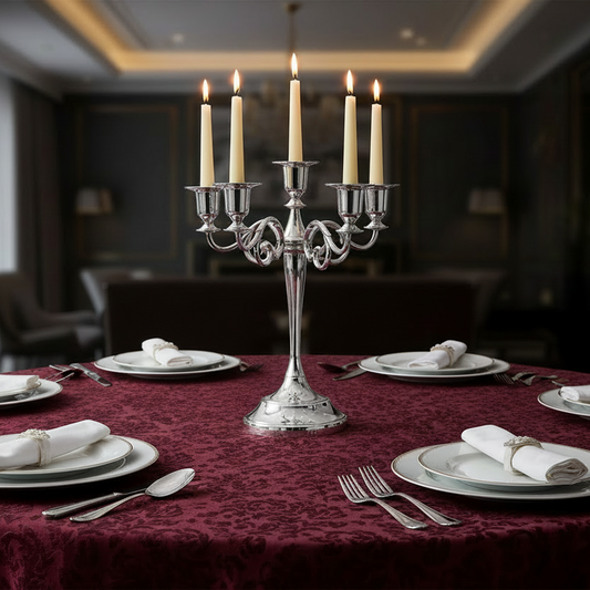 Dining table set with silver candelabra, plates, and cutlery in a dimly lit room.