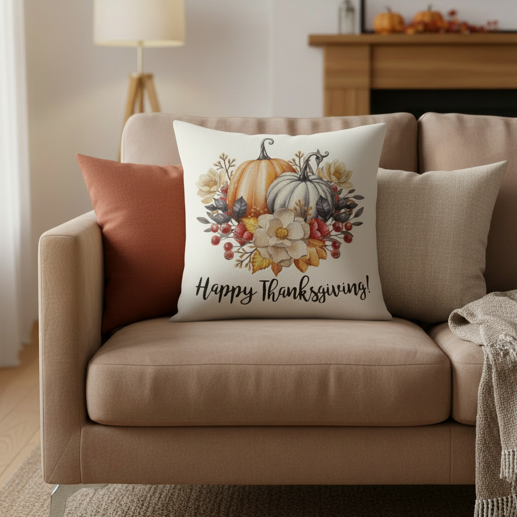 Decorative pillow with 'Happy Thanksgiving!' text on a beige couch in a cozy living room.