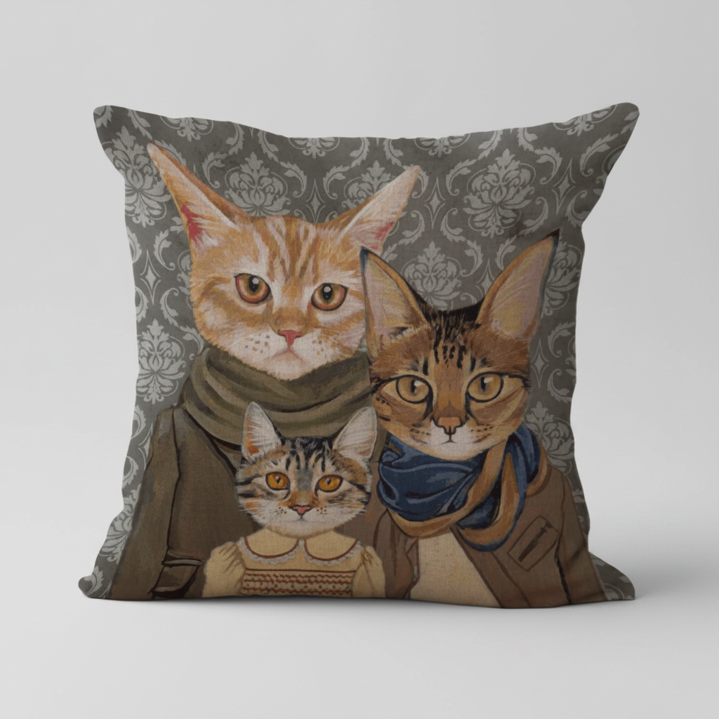 Feline Family Portrait: Whimsical Dressed Cat Cushion Cover