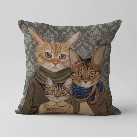 Feline Family Portrait: Whimsical Dressed Cat Cushion Cover