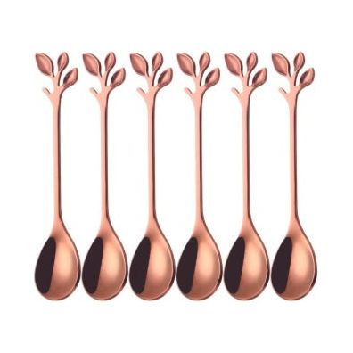 Elegant Rose Gold Leaf Design Teaspoons (Set of 6) – Stainless Steel Stirring Spoon Set Rose Gold