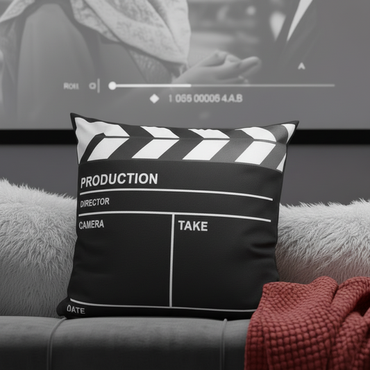 Clapperboard design pillow on a couch with a movie screen in the background