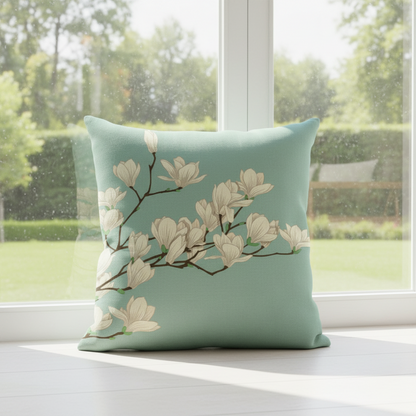 Elegant Magnolia Branch Cushion Cover in Aqua