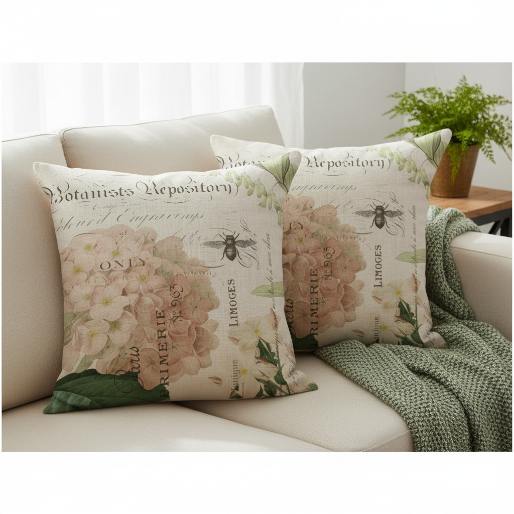 Decorative pillows with floral and bee patterns on a white sofa.
