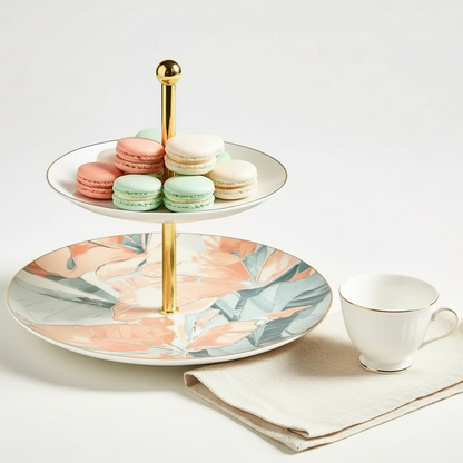 Chic Two-Tiered Botanical Cupcake Stand – Modern Porcelain Dessert Server with Gold Accents