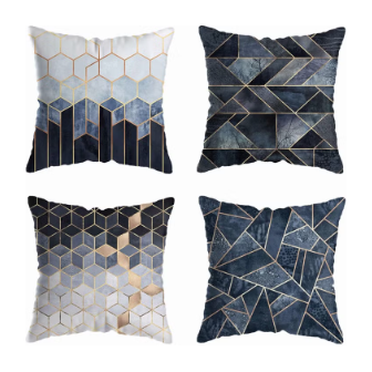 Modern Geometric Cushion Covers Set - Navy Blue, Grey & Gold Abstract Designs (Set of 4)