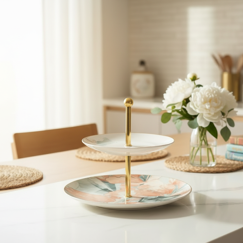 Decorative table setting with a two-tiered stand, white flowers, and books on a kitchen counter.