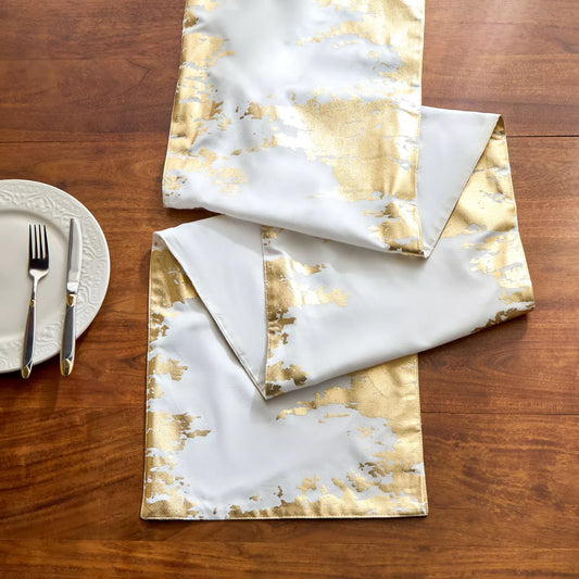 Modern Art Gold & White Table Runner – Abstract Metallic Design for Contemporary Dining