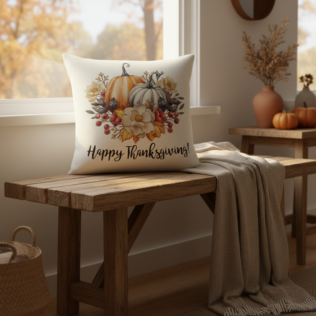 Decorative pillow with pumpkins and flowers on a wooden table with autumn decor.