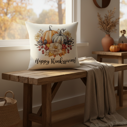 Decorative pillow with pumpkins and flowers on a wooden table with autumn decor.