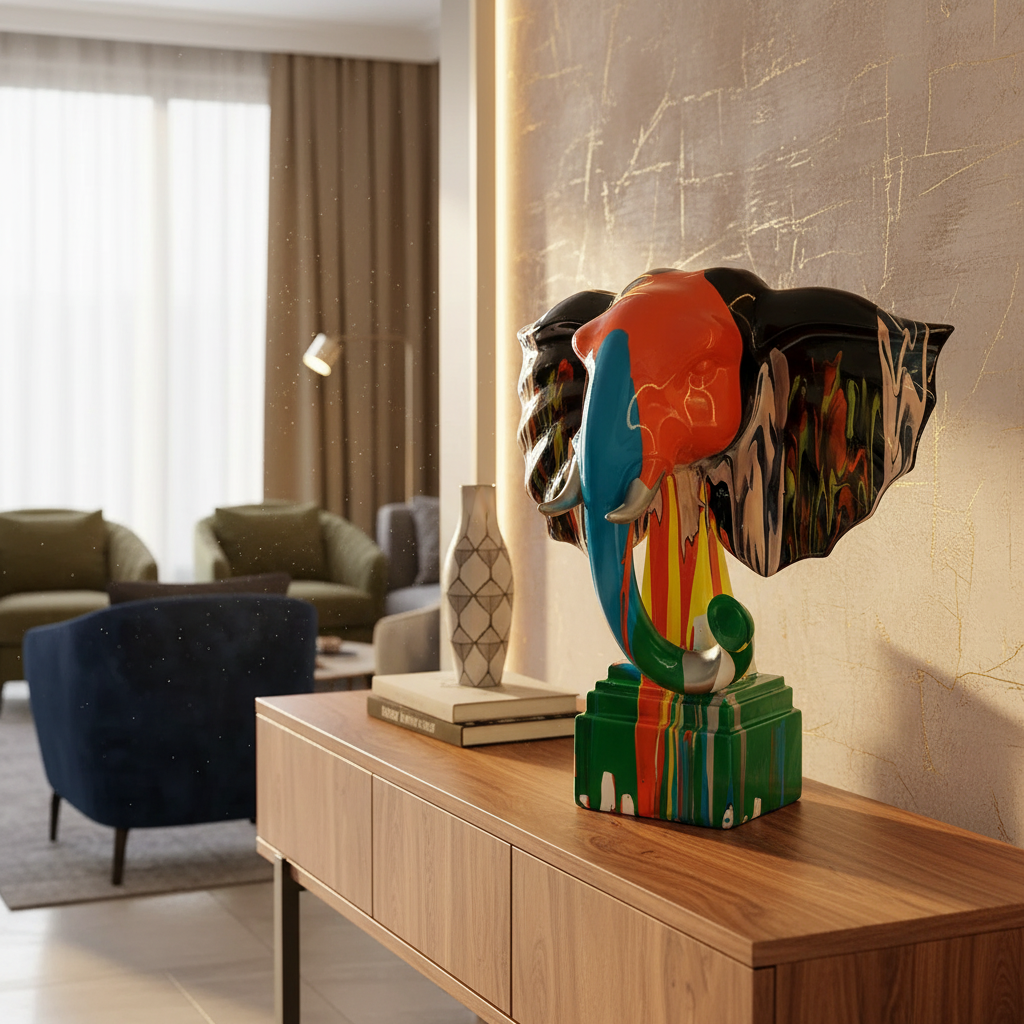 Colorful abstract sculpture on a wooden side table in a modern living room.