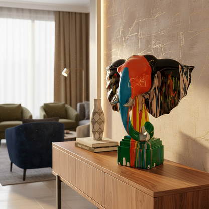 Colorful abstract sculpture on a wooden side table in a modern living room.