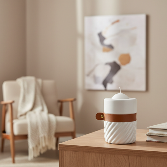White candle with brown band on a wooden table in a cozy living room.