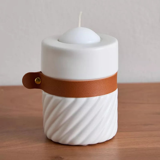 "Terra Glow" Ceramic & Leather Candle Holder