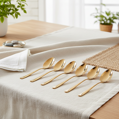 Set of gold spoons on a light-colored tablecloth with plants in the background