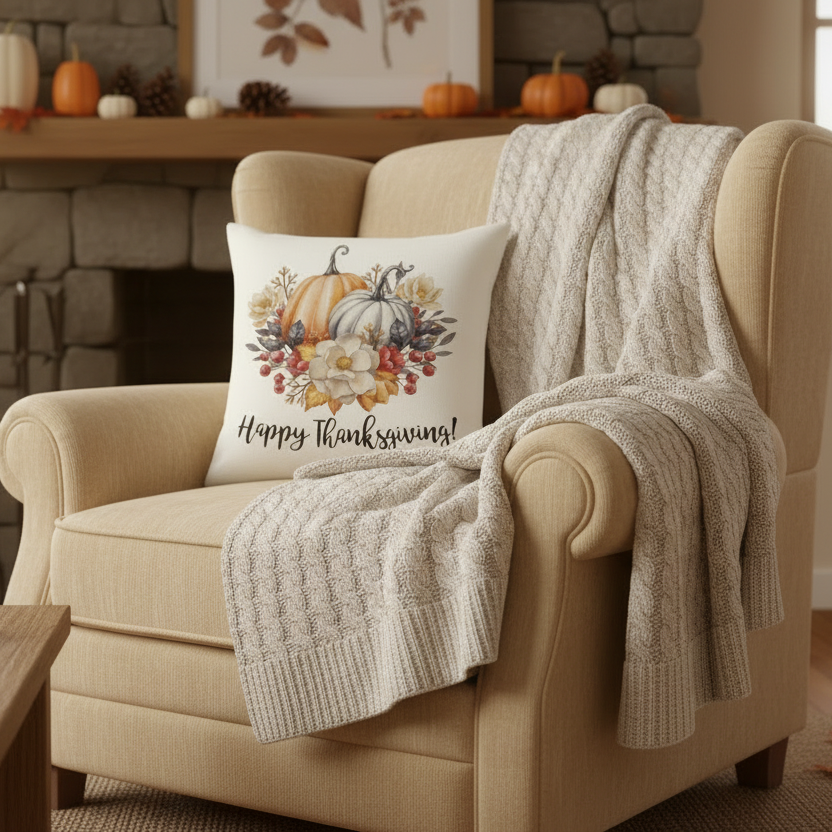 Beige armchair with a 'Happy Thanksgiving!' pillow and knitted blanket, set against a fireplace with pumpkins.