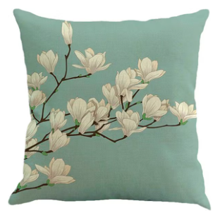 Elegant Magnolia Branch Cushion Cover in Aqua