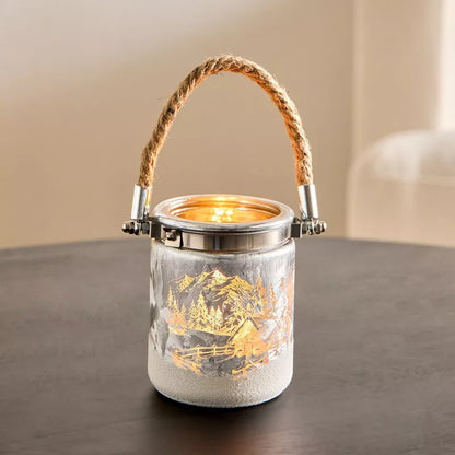 Winter Wonderland Glass Lantern with Rope Handle
