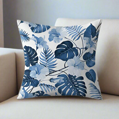 Tropical Serenity: Blue Floral & Leaf Printed Cushion Cover (Set of 2)
