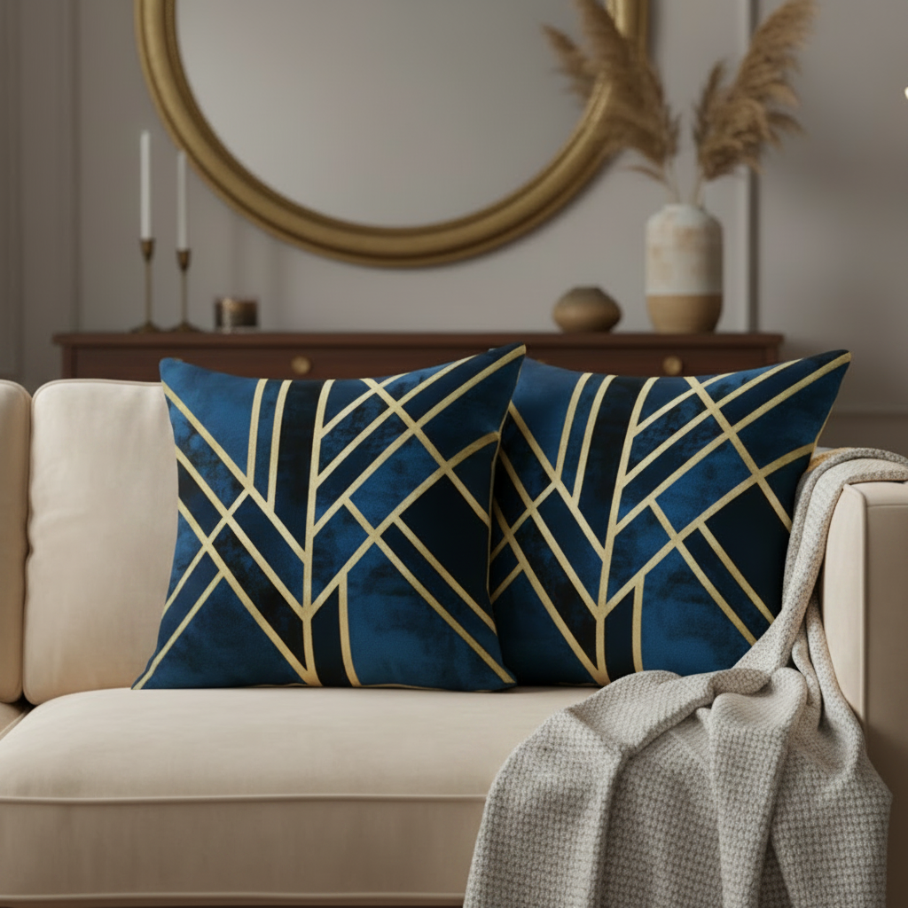 Urban Geometry: Modern Geometric Striped Digital Printed Throw Pillow Case Cushion Cover Blue/Gold/Black