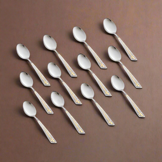 Elegant Stainless Steel Dessert spoons Set with Gold Motif - 12 Piece Cutlery Collection