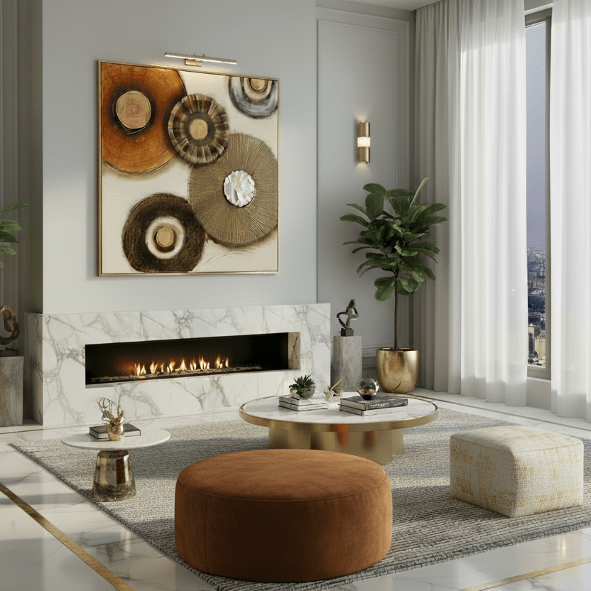 Modern living room with a fireplace, artwork, and decorative elements.