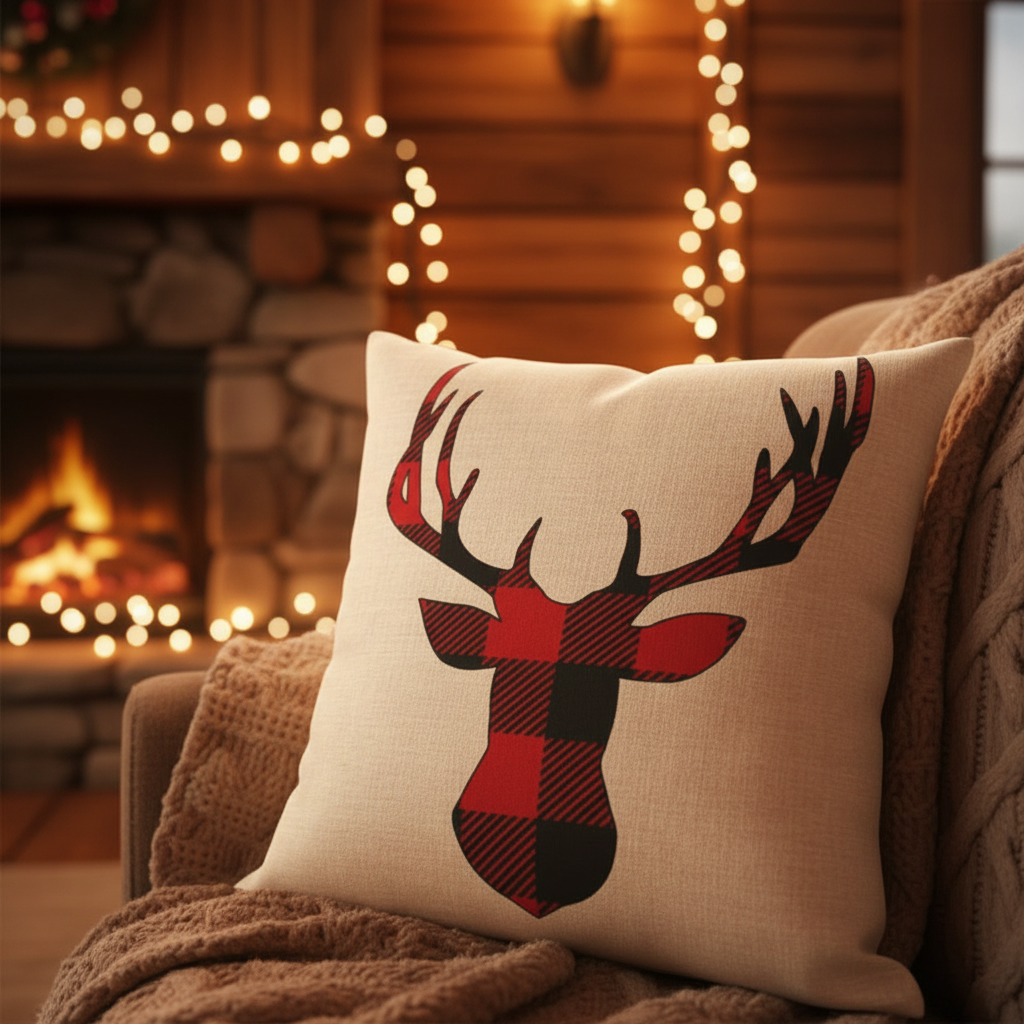 Decorative pillow with deer design in a cozy living room with fireplace and string lights.
