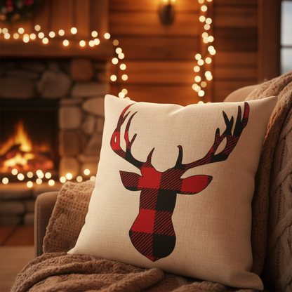 Decorative pillow with deer design in a cozy living room with fireplace and string lights.