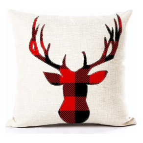 A square cushion cover featuring a geometric pattern with a stylized deer silhouette in red and black on a beige background.