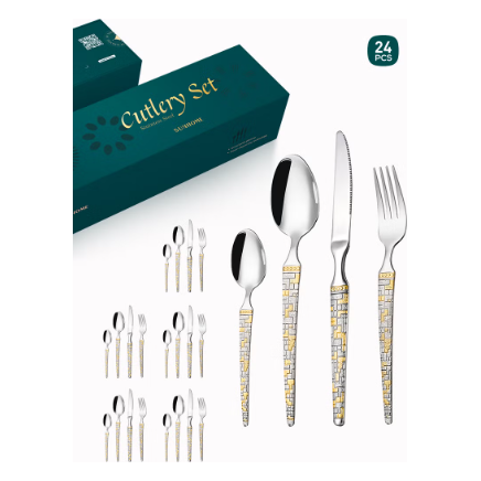 24-Piece Stainless Steel Cutlery Set with Laser Engraving For Kitchen