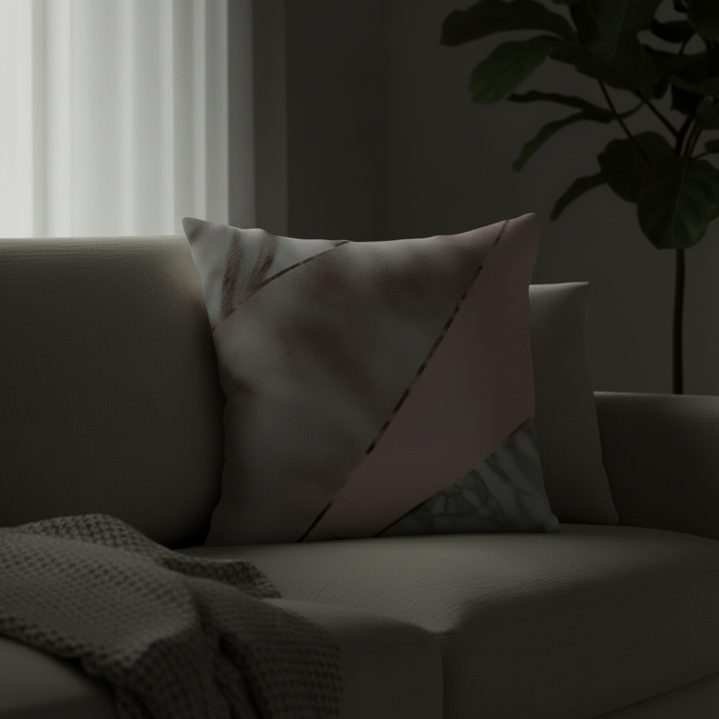 Sofa with decorative pillows and a blanket in a dimly lit room