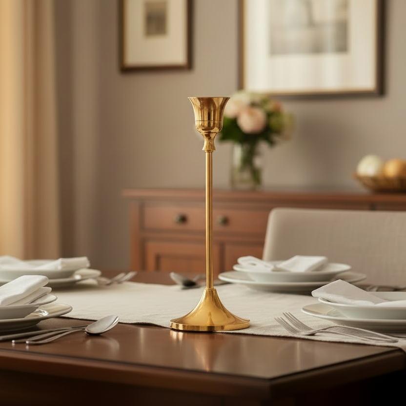 Dining table set with plates, cutlery, and a gold candlestick in a home setting.