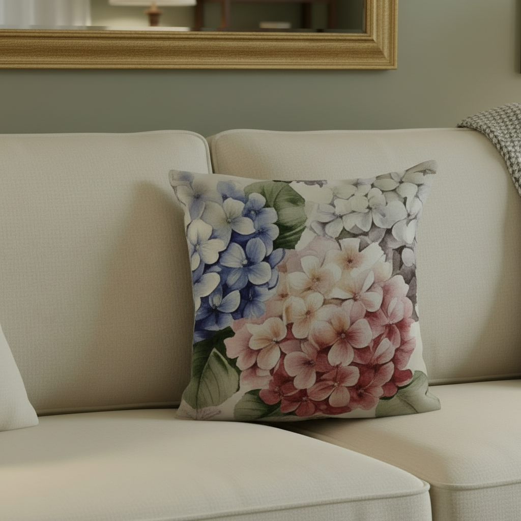 Floral-patterned pillow on a beige sofa with a mirror in the background