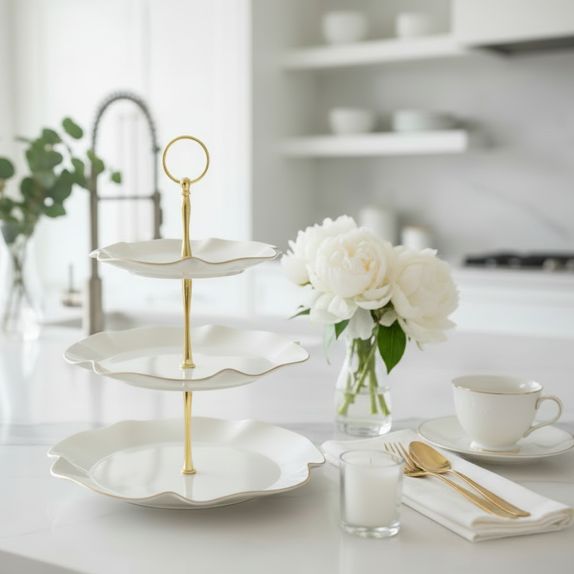 Three-tiered ceramic serving tray with gold accents on a table with a cup, saucer, and flowers.