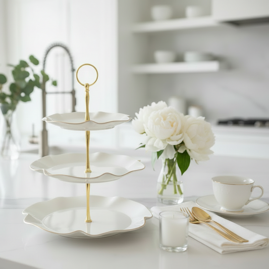 Three-tiered ceramic serving tray with gold accents on a table with a cup, saucer, and flowers.