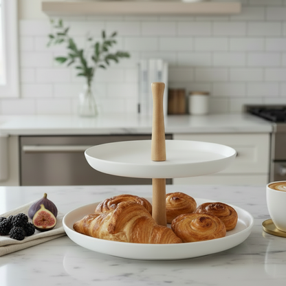 Modern Nordic 2-Tier Cupcake Stand – White Speckled Ceramic Plates with Natural Wood Handle