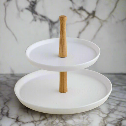 Modern Nordic 2-Tier Cupcake Stand – White Speckled Ceramic Plates with Natural Wood Handle