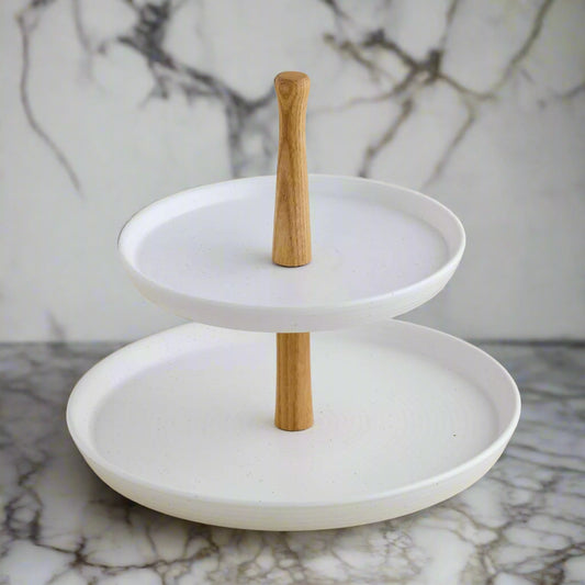 Modern Nordic 2-Tier Cupcake Stand – White Speckled Ceramic Plates with Natural Wood Handle