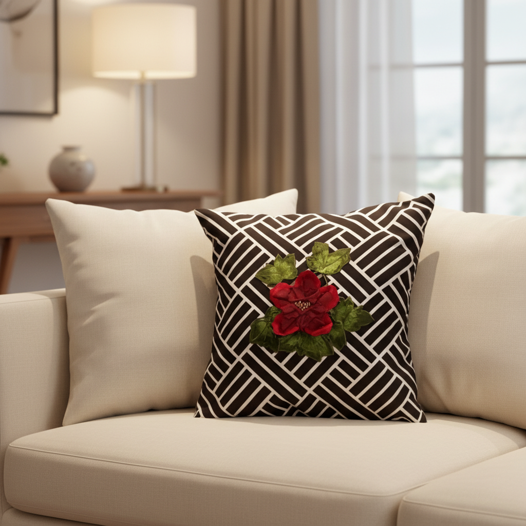 Decorative pillow with floral design on a beige sofa in a living room setting.