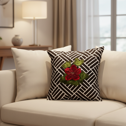 Decorative pillow with floral design on a beige sofa in a living room setting.