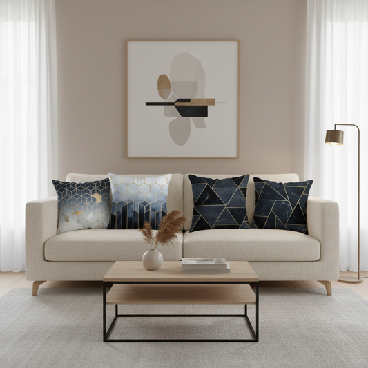 Modern living room with a beige sofa, decorative pillows, and a coffee table.