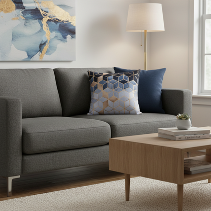 Gray sofa with decorative pillows in a living room setting