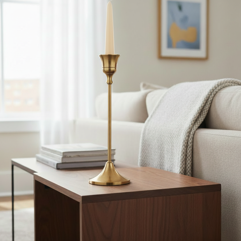 Gold candlestick with a candle on a wooden side table in a living room.