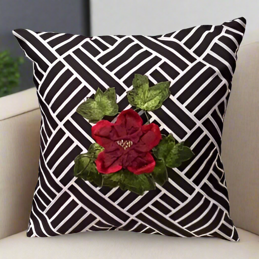 Geo Bloom: Black & White Lattice Cushion cover with Red Floral Appliqué