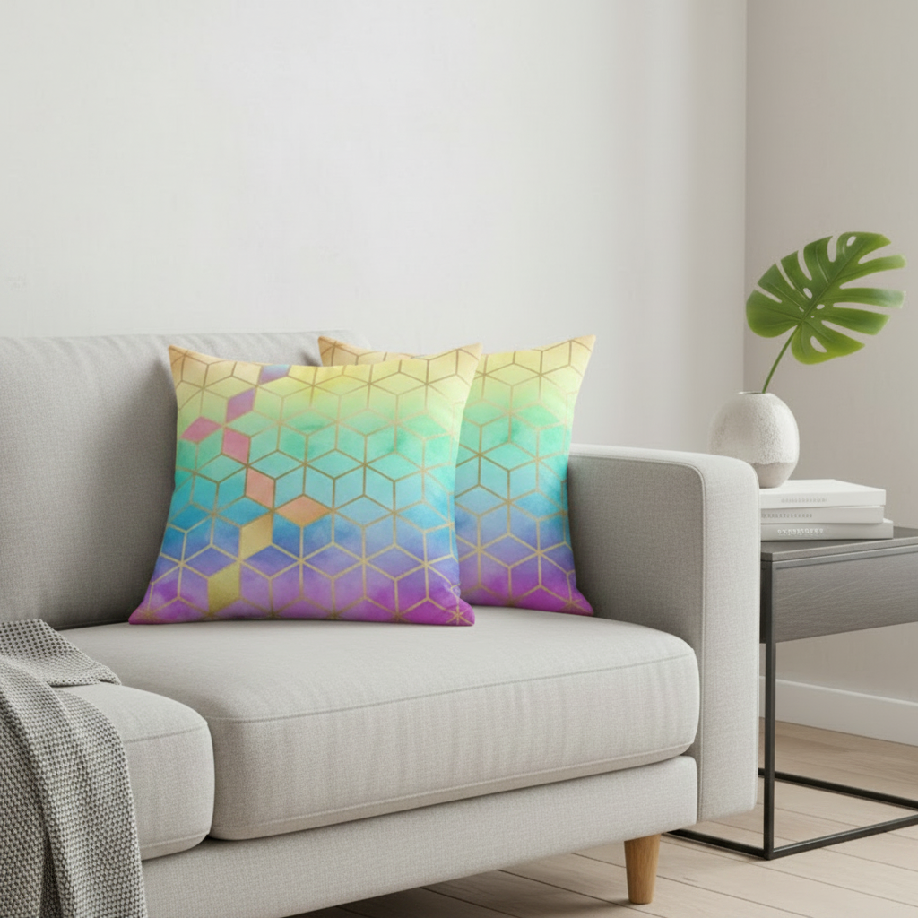 Iridescent Prism: Rainbow & Gold Geometric Cushion Cover
