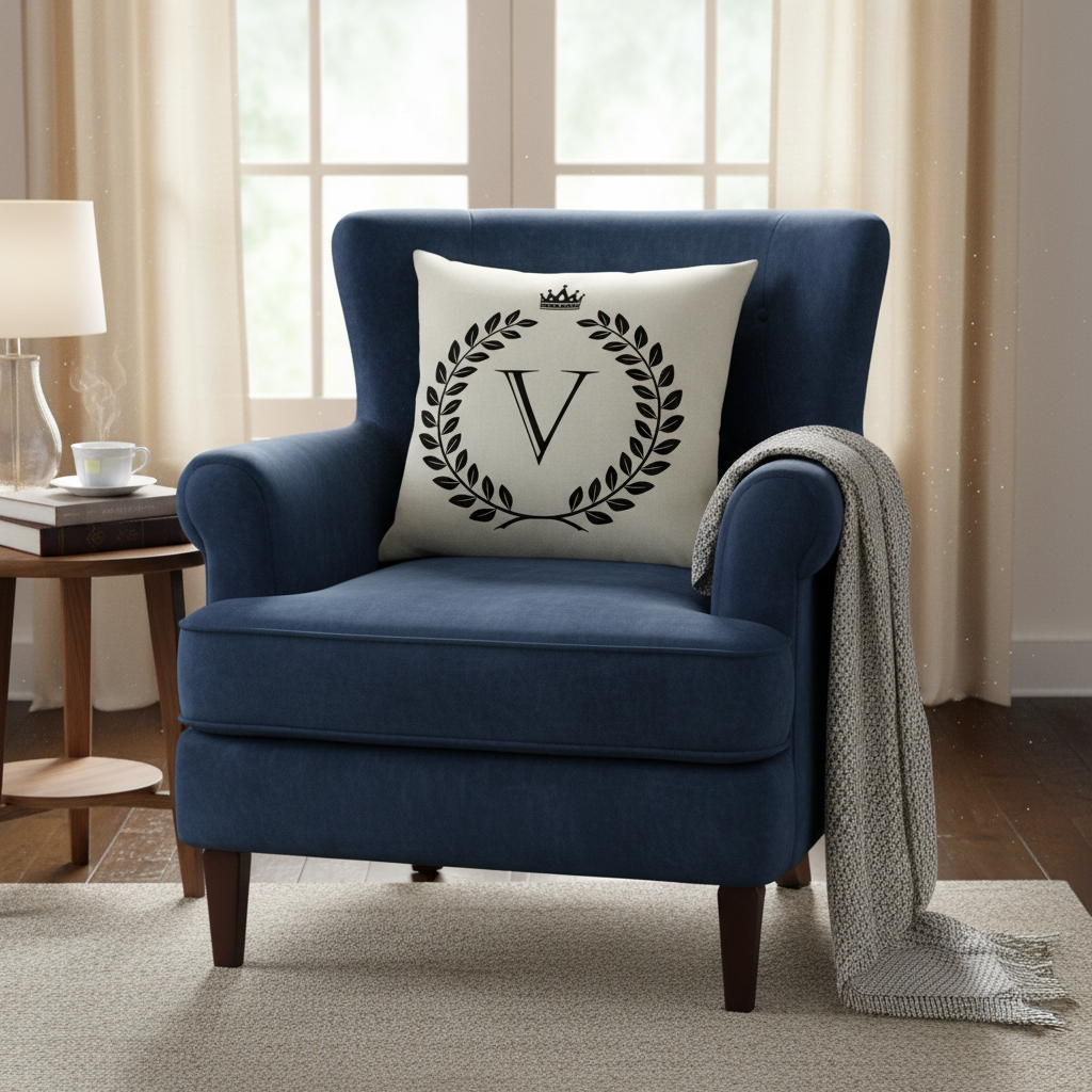 Regal Monogram Elegance: Personalized "V" Laurel Crown Cushion Cover