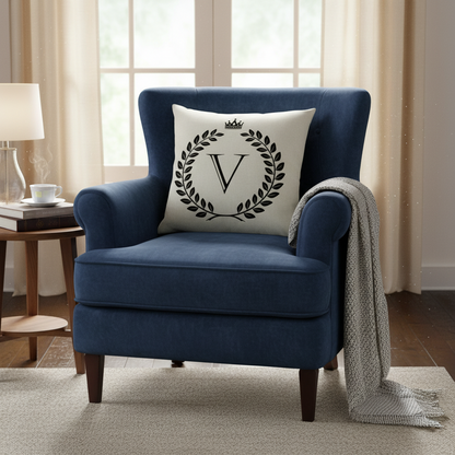 Regal Monogram Elegance: Personalized "V" Laurel Crown Cushion Cover